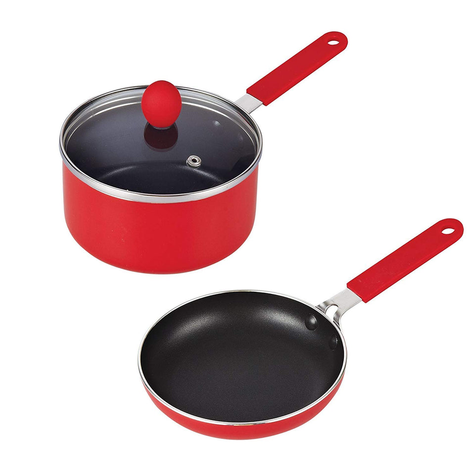 Cook N Home Sartén y olla con tapa pequeños, antiadherentes, 13.97 cm, Rojo, 1