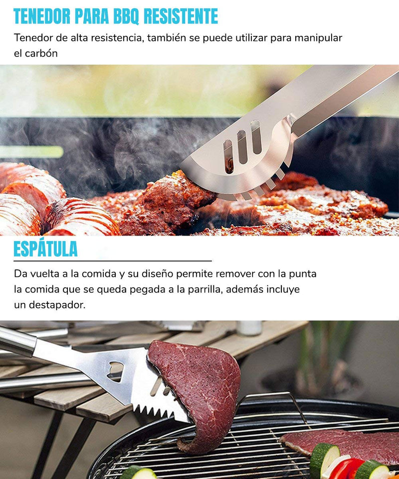 Sonolife - Set de 18 Utensilios y Cubiertos Profesional para Asador Carne Asada en Acero Inoxidable