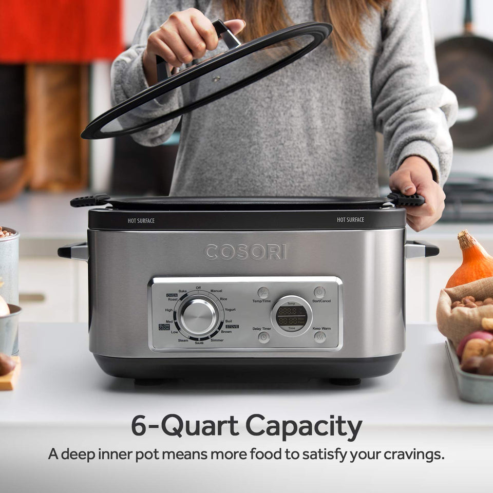 Cosori 6 Qt 11 en 1 programable multi cocina, olla lenta, arroz, café, sartén, caldera, steamer, yogurt Maker con retardo y función de mantener caliente, 86 ° a 400 °F, incluye libro de recetas, acero inoxidable (CP001-SC)