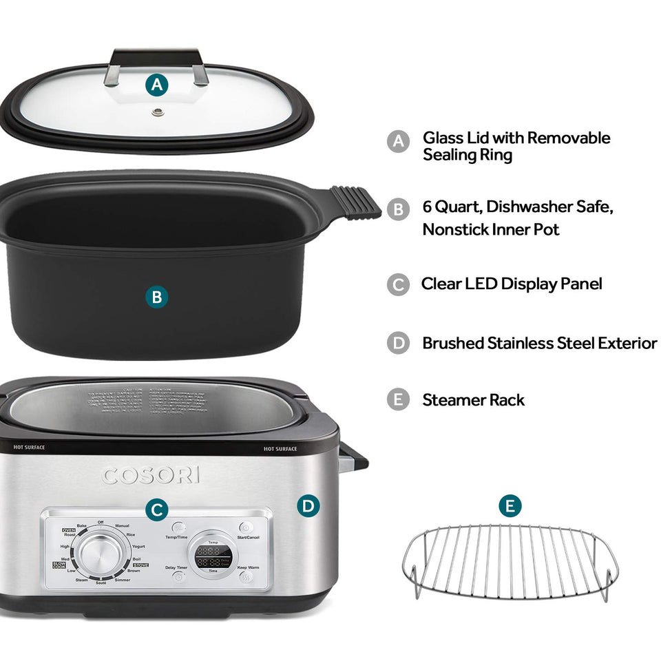 Cosori 6 Qt 11 en 1 programable multi cocina, olla lenta, arroz, café, sartén, caldera, steamer, yogurt Maker con retardo y función de mantener caliente, 86 ° a 400 °F, incluye libro de recetas, acero inoxidable (CP001-SC)