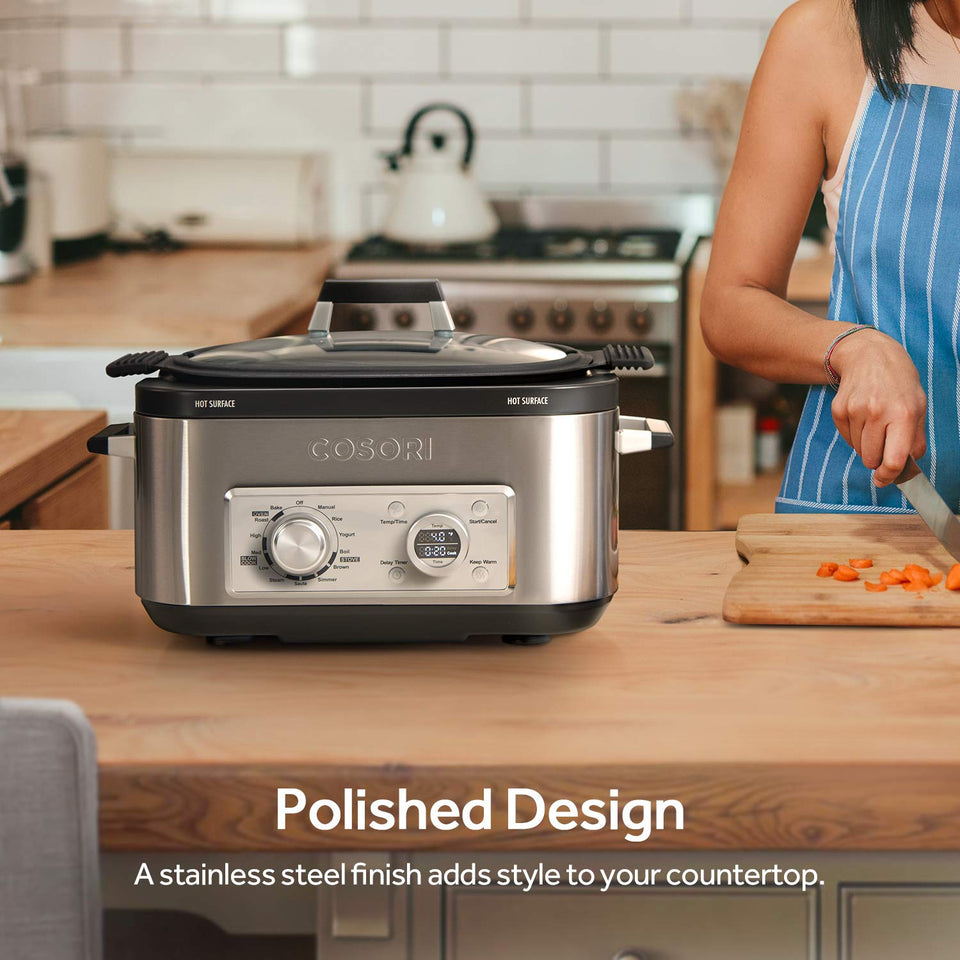 Cosori 6 Qt 11 en 1 programable multi cocina, olla lenta, arroz, café, sartén, caldera, steamer, yogurt Maker con retardo y función de mantener caliente, 86 ° a 400 °F, incluye libro de recetas, acero inoxidable (CP001-SC)