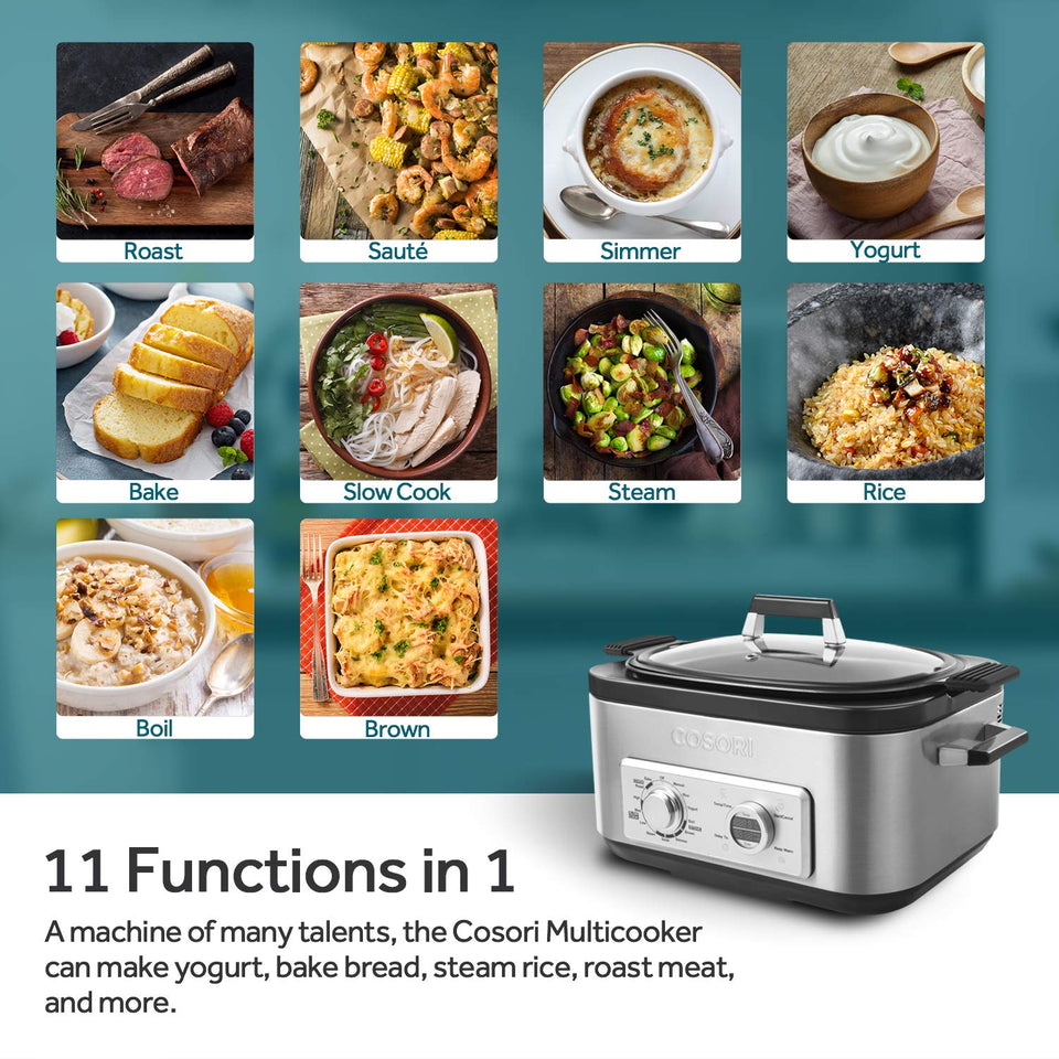 Cosori 6 Qt 11 en 1 programable multi cocina, olla lenta, arroz, café, sartén, caldera, steamer, yogurt Maker con retardo y función de mantener caliente, 86 ° a 400 °F, incluye libro de recetas, acero inoxidable (CP001-SC)