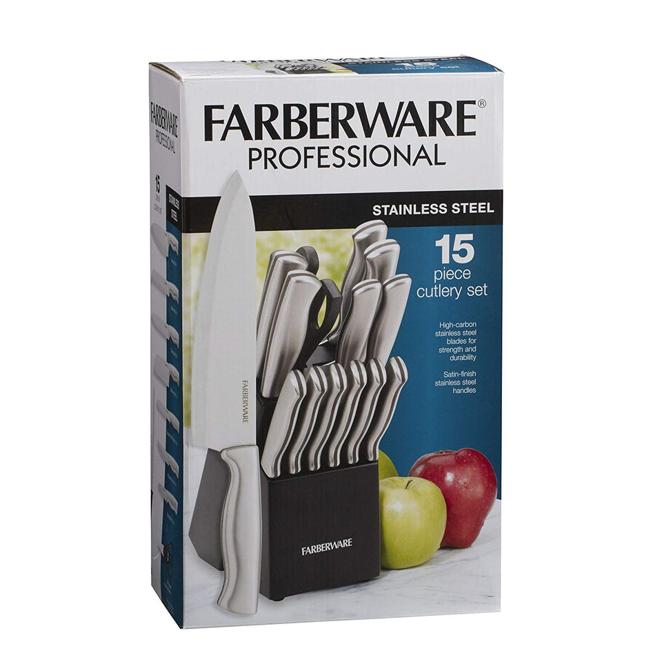 Farberware Juego de cuchillos de acero inoxidable con bloque para almacenamiento, 15 piezas